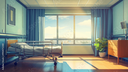 Hospital Bed in Bright Empty Room with Huge Window Cartoon Environment Illustration Medical Facility Clean Room Design Healthcare Hospital Interior Window View Fun Graphics