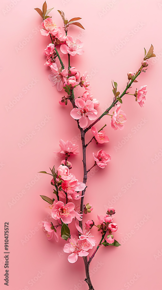 Fototapeta premium Delicate pink blossoms on a branch, a spring floral design for greeting cards and social media. 