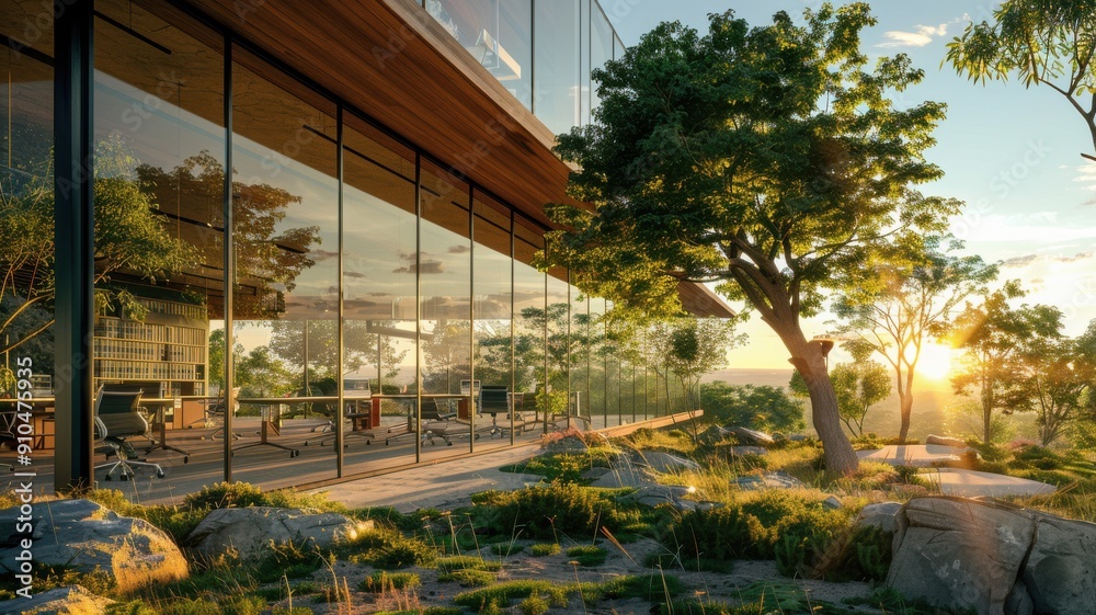 Eco-friendly sustainable glass office with open-concept communal workspaces, indoor trees, on a hillside with panoramic views and golden hour lighting. Eco friendly sustainable glass office Eco-friendly sustainable glass office with open-concept communal workspaces, indoor trees, on a hillside with panoramic views and golden hour lighting. Eco friendly sustainable glass office