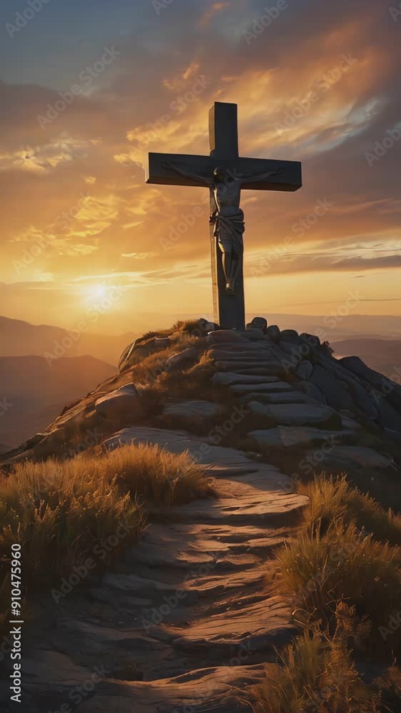 Majestic sunrise over a cross on a mountain peak symbolizing faith and christianity Majestic sunrise over a cross on a mountain peak symbolizing faith and christianity