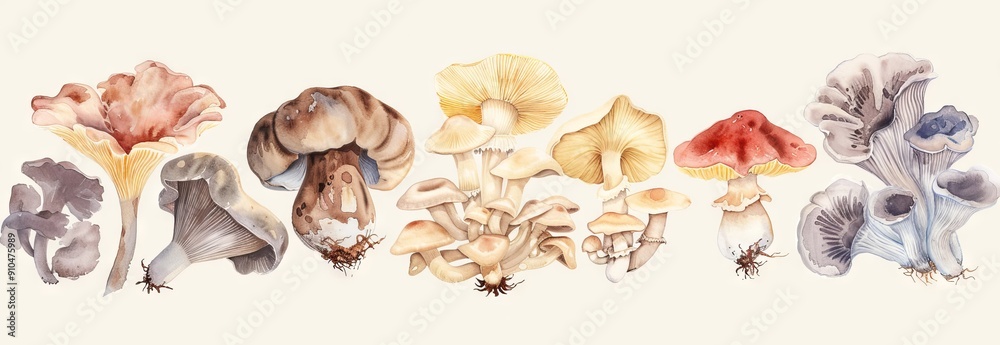 Watercolor Illustration of Various Edible Mushrooms on a White Background. Concept of Fungi, Foraging, Nature, and Organic Food Watercolor Illustration of Various Edible Mushrooms on a White Background. Concept of Fungi, Foraging, Nature, and Organic Food