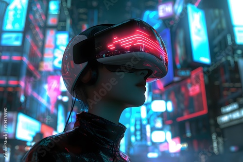 Woman in neon-lit cityscape with VR headset and glowing holograms