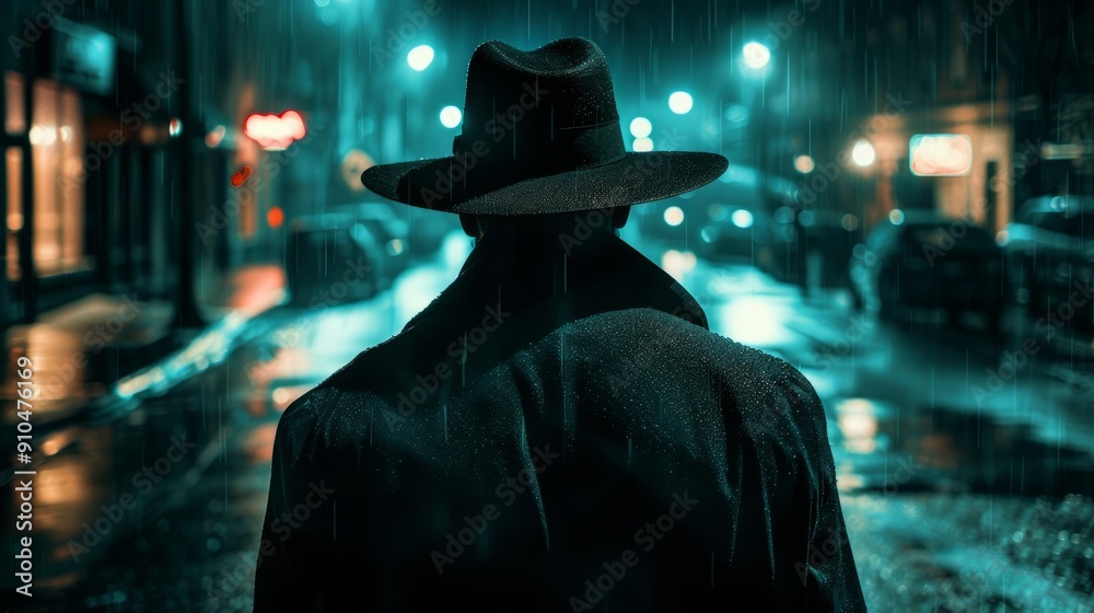 Mysterious figure in a black trench coat and wide-brimmed hat on a rainy city street. Concept of detective, noir, mystery, urban night scene, suspense. Film noir inspiration, retro style Mysterious figure in a black trench coat and wide-brimmed hat on a rainy city street. Concept of detective, noir, mystery, urban night scene, suspense. Film noir inspiration, retro style