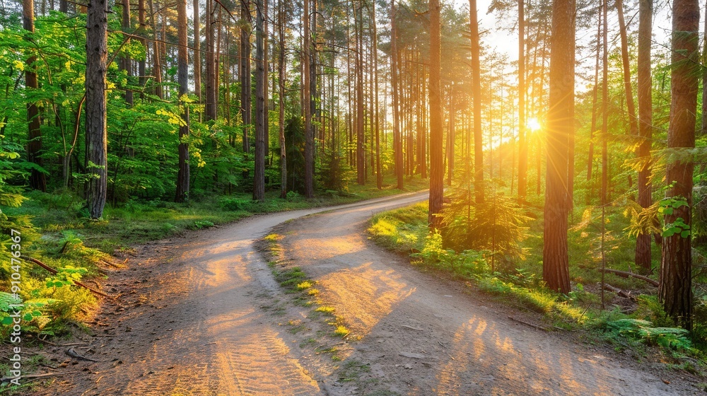 Fototapeta premium Dirt path under tree canopy, sun illuminates from behind foliage