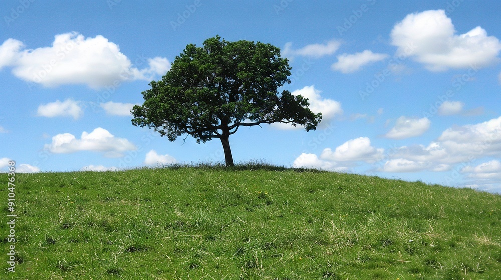 A solitary tree atop a verdant hill, bathed in blue skies and dappled with white clouds on a bright summer's day A solitary tree atop a verdant hill, bathed in blue skies and dappled with white clouds on a bright summer's day