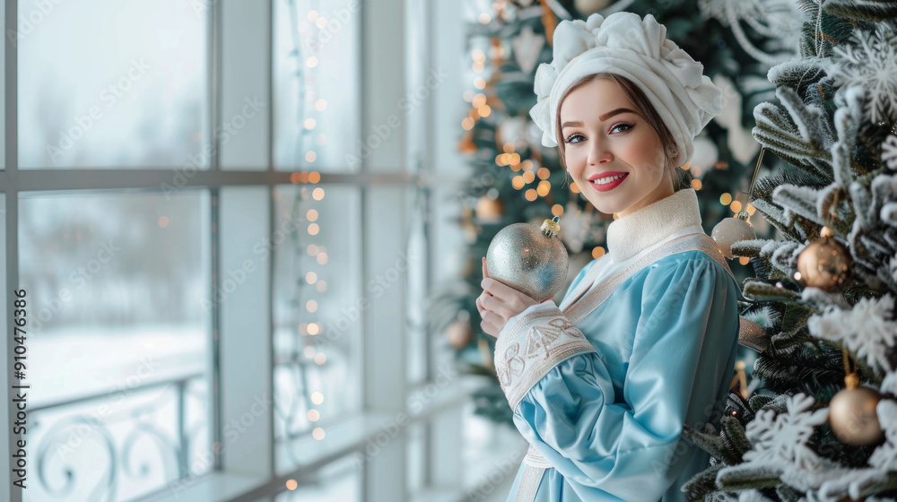 Elegant woman in traditional Snegurochka winter attire holding a Christmas ornament. Concept of holiday season, festive decoration, winter celebration, Ukrainian culture. Copy space Elegant woman in traditional Snegurochka winter attire holding a Christmas ornament. Concept of holiday season, festive decoration, winter celebration, Ukrainian culture. Copy space