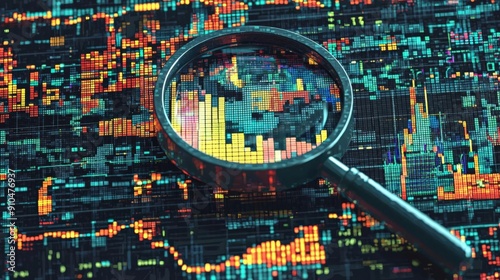 A pixel art representation of a magnifying glass over pixelated financial charts, capturing the charm of classic video game aesthetics.