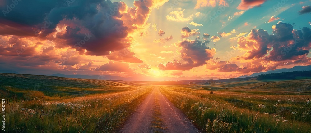 summer green field with Empty road and Sunset cloudy sky summer green field with Empty road and Sunset cloudy sky