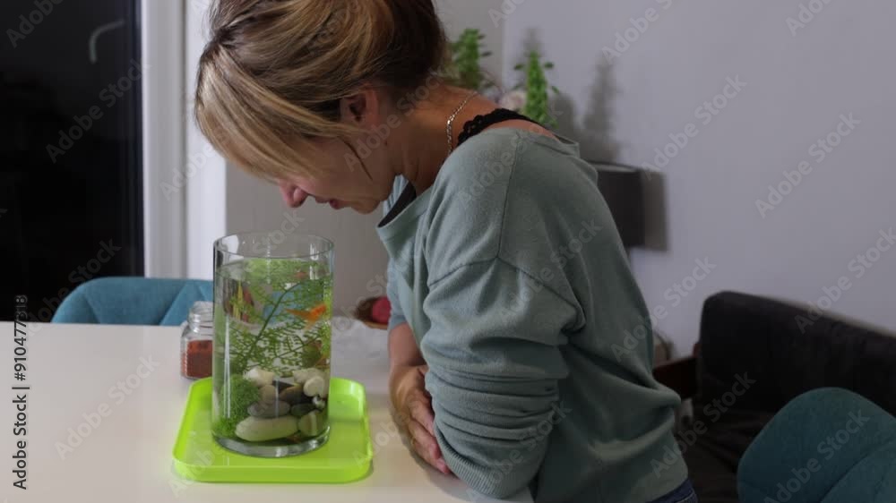 Caucasian Woman Carefuly Observing Fish in a Home Aquarium During Afternoon Relaxation Caucasian Woman Carefuly Observing Fish in a Home Aquarium During Afternoon Relaxation