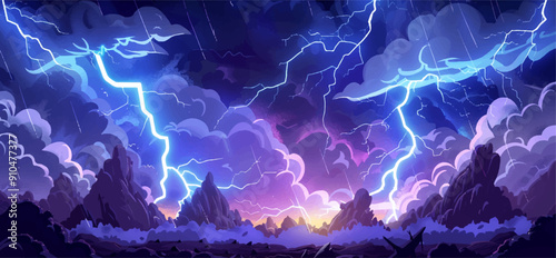 Lightning Action Landscape Cartoon Environment for Adventure Mobile Game Game Level Illustration Stormy Weather Lightning Strikes Dynamic Landscape Action Scene Game Graphics