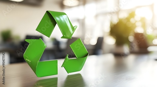 To symbolize recycling or garbage sorting at offices and for working people, there is a green recycle symbol icon sign with a background of a professional setting.