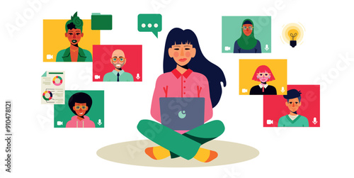 A woman is sitting with a laptop and zoom his collegues from home. Icons of communication. Inclusive representation of people. Team work on a meeting. Vector illustration, separated items.