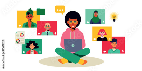 A man is sitting with a laptop and zoom his collegues from home. Icons of communication. Inclusive representation of people. Team work on a meeting. Vector illustration, separated items.