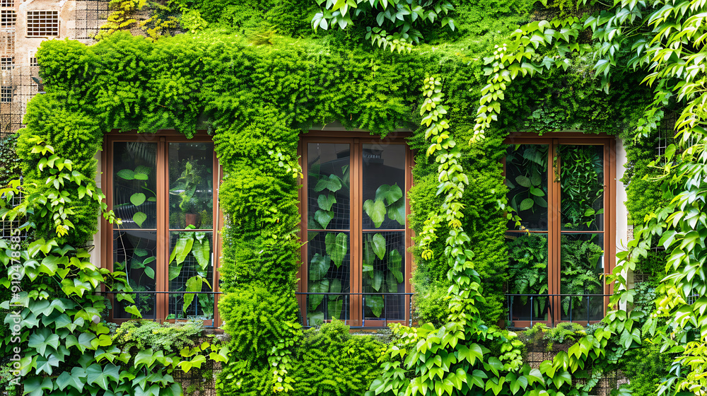 Green vines and foliage engulfing rustic windows, creating a serene and tranquil scene, perfect for nature and home decor projects. 
