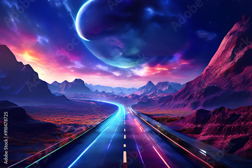 highway at night with galaxy view 