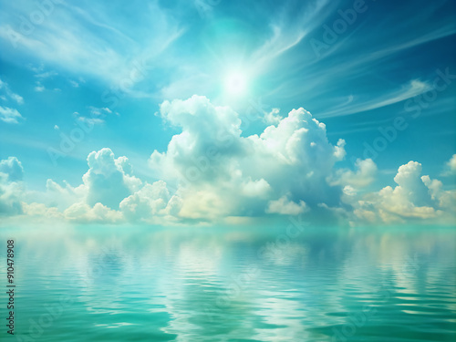 Soft serene light sea blue to green sky gradient background features delicate white clouds with subtle texture, evoking a sense of peacefulness and tranquility.