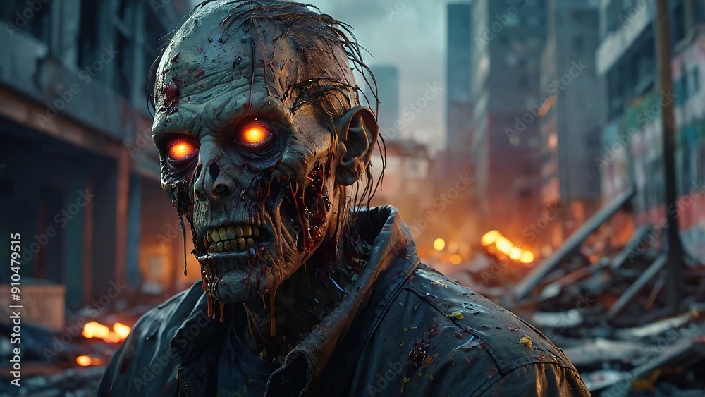 Fototapeta premium Scary zombie man on the background of the city, zombie Apocalypse. Halloween concept