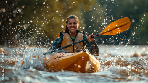 A Determined Kayaker Navigates a River in the Autumn Rain