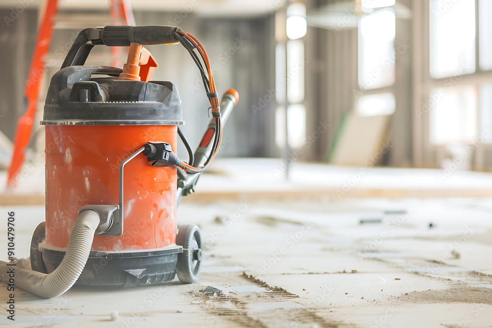 custom made wallpaper toronto digitalOrange and black industrial vacuum cleaner on a dusty floor in a construction site, showcasing renovation and cleaning. 
