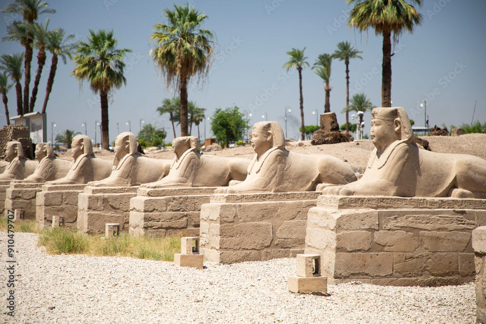 Beautiful view of the sphinx sculptures in ancient Luxor Temple in Luxor, Egypt