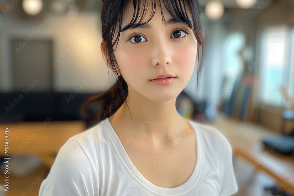 白いTシャツの着たポニーテールの可愛い女の子 白いTシャツの着たポニーテールの可愛い女の子