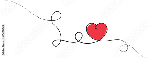 single line drawing of red heart isolated on white background, love and romance symbol line art vector illustration