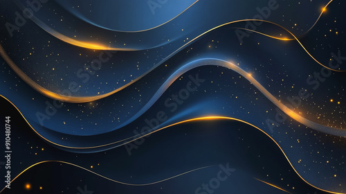 Blue luxury background with golden line decoration and curve light effect with bokeh, Innovation digital background electromagnetic wave background digital wave background information technolog