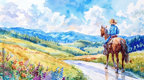 Watercolor illustration of a young Caucasian cowboy riding a horse through a lush countryside. Concept of nature, adventure, Western lifestyle, and rural scenery