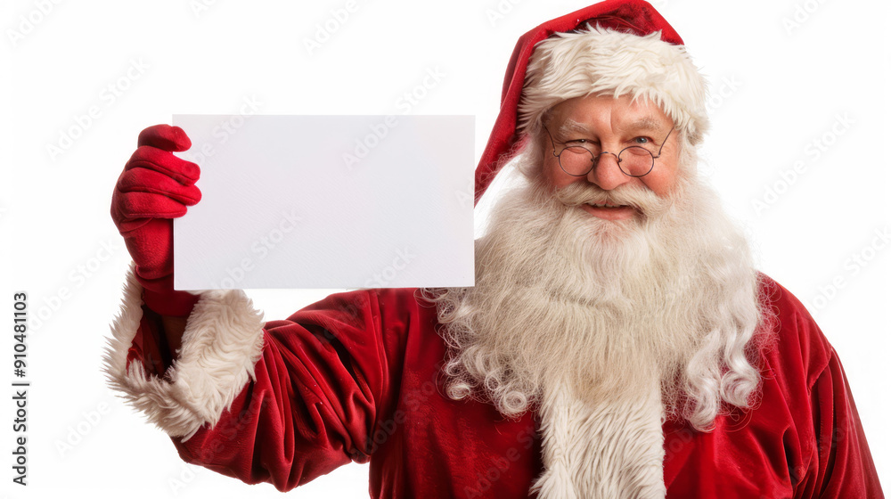 Santa Claus Holding Blank White Card with Happy Smile. Concept of Christmas, Holiday Greetings, Festive Message, Seasonal Celebration. Greeting card, postcard, mockup, invitation, letter. Copy space Santa Claus Holding Blank White Card with Happy Smile. Concept of Christmas, Holiday Greetings, Festive Message, Seasonal Celebration. Greeting card, postcard, mockup, invitation, letter. Copy space