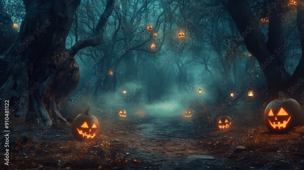 Spooky Forest Path with Carved Pumpkins and Lanterns Spooky Forest Path with Carved Pumpkins and Lanterns