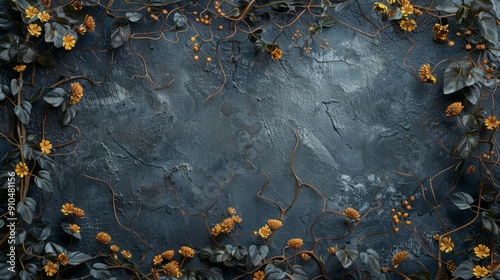 Gothic fantasy background framed with dry branches and autumn flowers