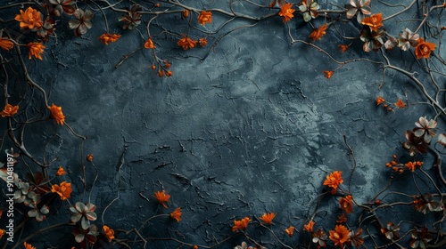 Gothic dark fantasy background framed with dry branches and orange blooms