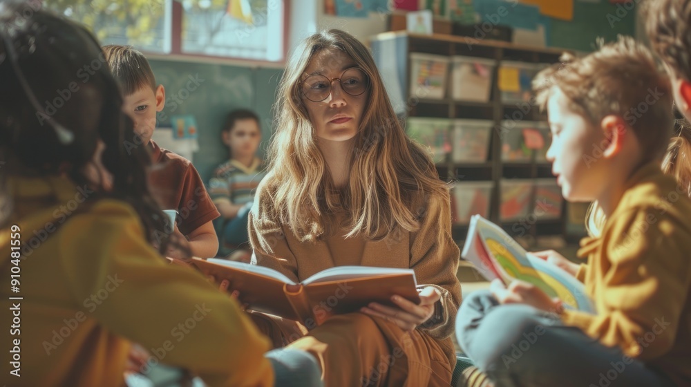 Female teacher spends time with her students, A teacher spending some time with her students during class Female teacher spends time with her students, A teacher spending some time with her students during class