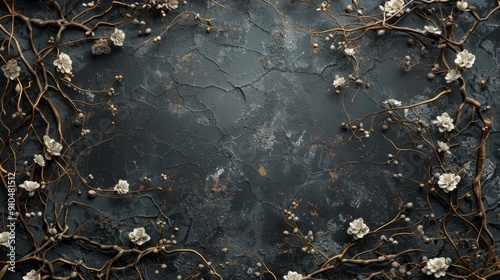 Gothic dark fantasy background with dry branches and white flowers