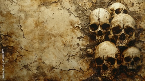 Grunge halloween background featuring skull arrangement on textured wall