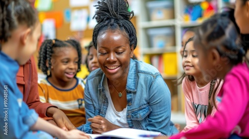Female teacher spends time with her students, A teacher spending some time with her students during class
