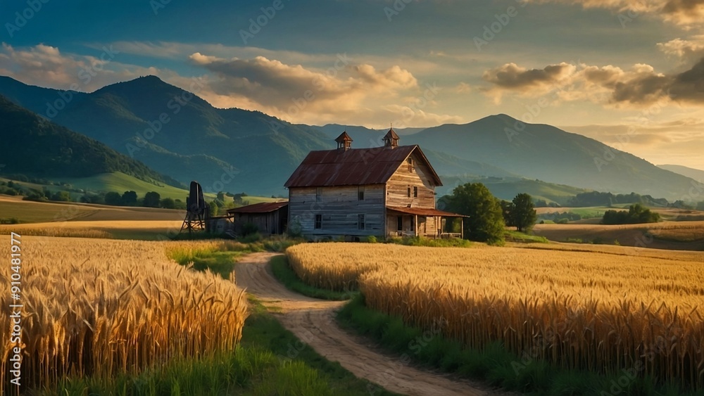 Tranquil Farmhouse: Towering Farmhouse amid Wheat Fields &Mountains Tranquil Farmhouse: Towering Farmhouse amid Wheat Fields &Mountains