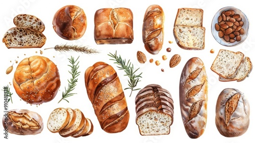 Watercolor illustration of various artisan breads and nuts on a white background