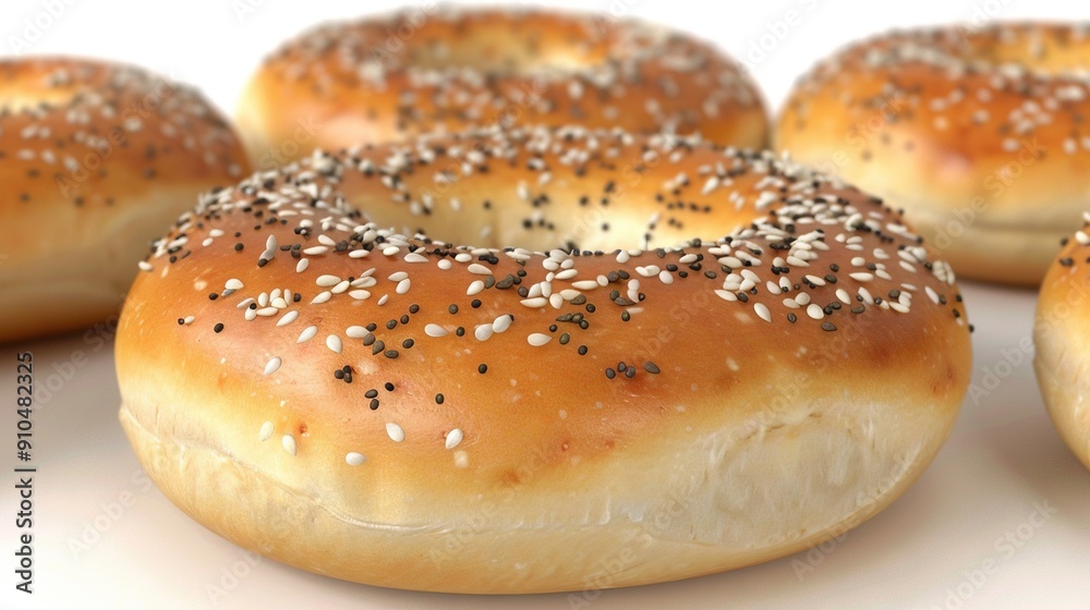 A set of sesame-seed bagels, featuring sesame seeds on their tops and bottoms A set of sesame-seed bagels, featuring sesame seeds on their tops and bottoms
