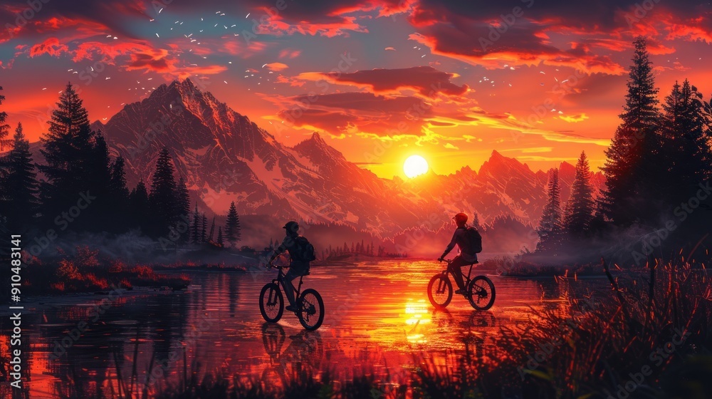 A couple riding on bikes at sunset mountains forest A couple riding on bikes at sunset mountains forest