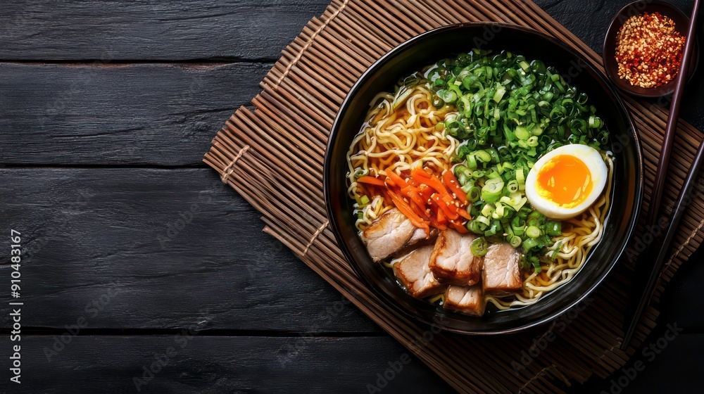 Bowl of ramen noodles with pork, egg and green onions on a black wood background. Bowl of ramen noodles with pork, egg and green onions on a black wood background.