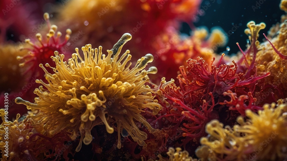 A microscopic view of red and yellow microbes in a dark environment. The microbes are clustered together and appear to be growing and multiplying. A microscopic view of red and yellow microbes in a dark environment. The microbes are clustered together and appear to be growing and multiplying.