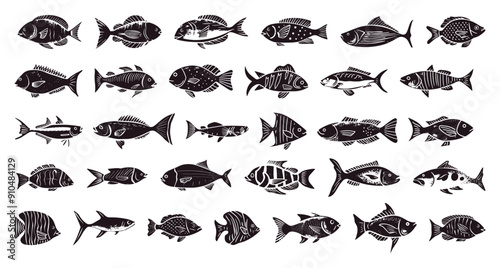Sea Fishes Linocut Print Style Icons Set Neat Thick Strokes and Shapes Black on White Background Marine Fish Species Ocean Life Illustrations Aquatic Creatures