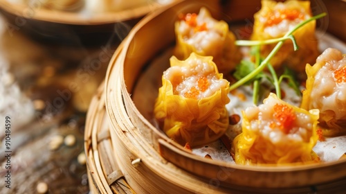 Dim Sum, dumpling in bamboo steamer Chinese cuisine. Closeup food photography