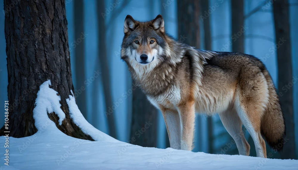 Obraz premium In a winter wonderland, a wolf pauses beside a snow-covered tree, its alert expression and pristine surroundings highlighting the untamed beauty of nature