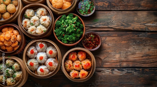 Various Dim Sum Chinese food on the wooden table, and space for text