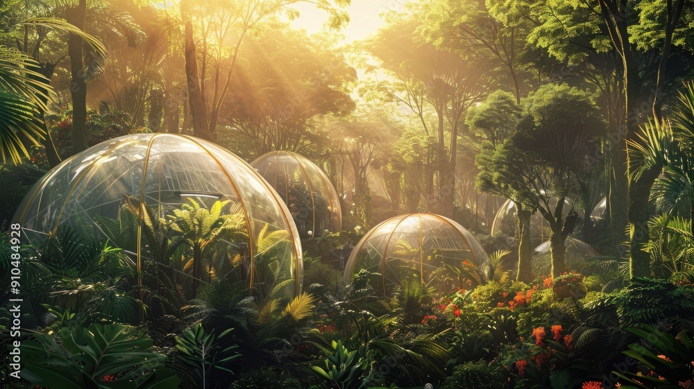 Obraz premium Dense forest with large bio-domes and advanced carbon reduction plants, connected by transparent tubes, lush greenery, vibrant flowers. Reducing heat and carbon dioxide