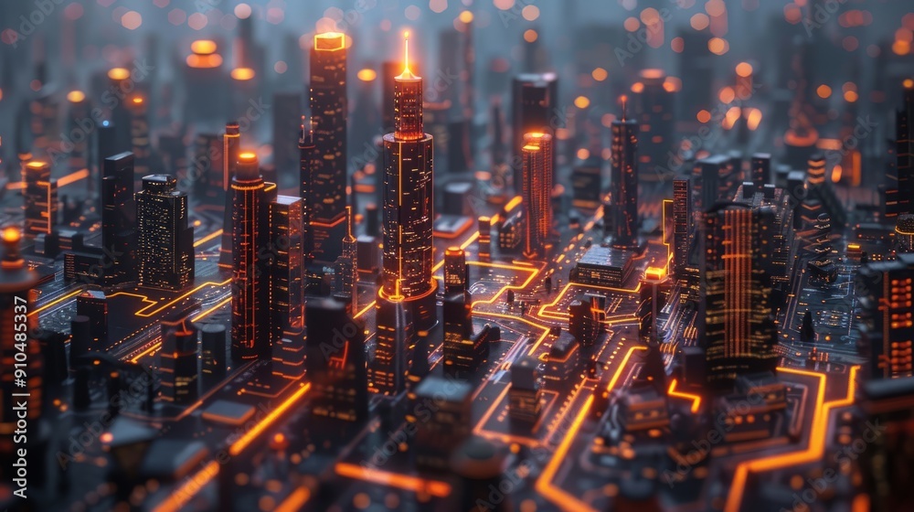 Futuristic cityscape illuminated by neon lights at dusk Futuristic cityscape illuminated by neon lights at dusk