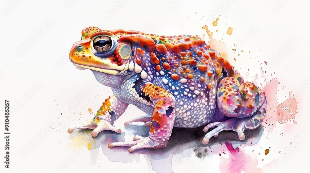 Fototapeta premium Vibrant watercolor illustration of a colorful toad in a natural setting