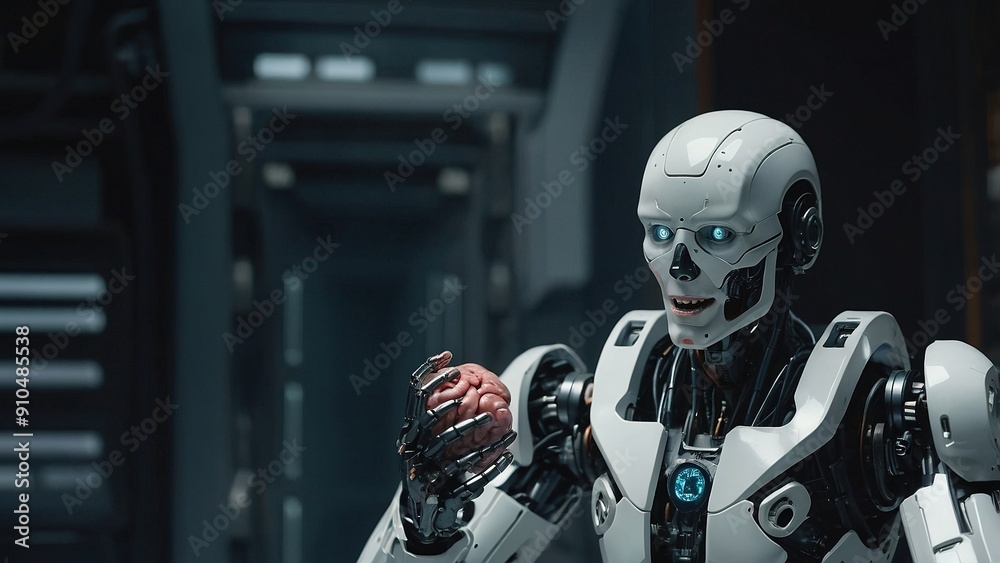 Futuristic Robot Contemplates Artificial Intelligence Holding Anatomical Brain in a Dusky Urban Setting Futuristic Robot Contemplates Artificial Intelligence Holding Anatomical Brain in a Dusky Urban Setting